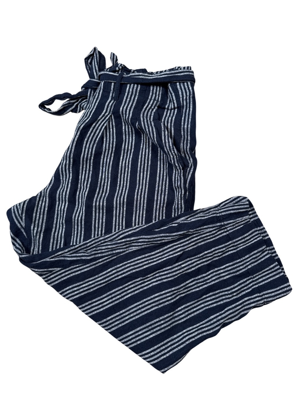 LOFT High Rise Straight Linen Pants Size 12 Navy White Stripe Cropped
